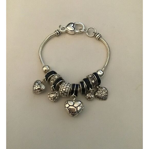 Boutique Jewelry - Silver Textured & Black Enamel Dangling Hearts Euro Bead Charm Bracelet